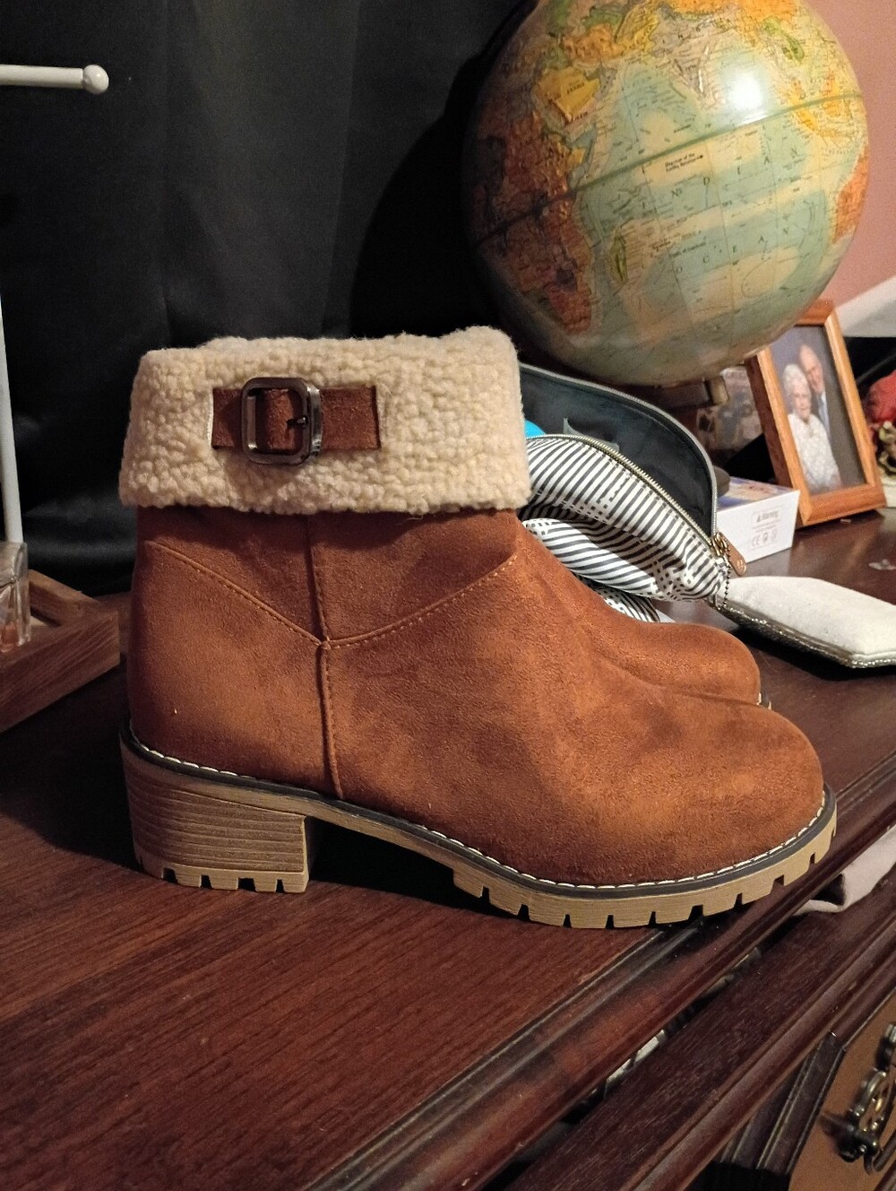 Classic Faux-Suede Fold-Over Ankle Boots with Shearling Cuff - Brown